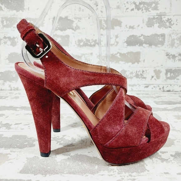 Prada Burgundy Red Suede Buckle Slingback High Heeled Sandals O97 - Picture 5 of 12